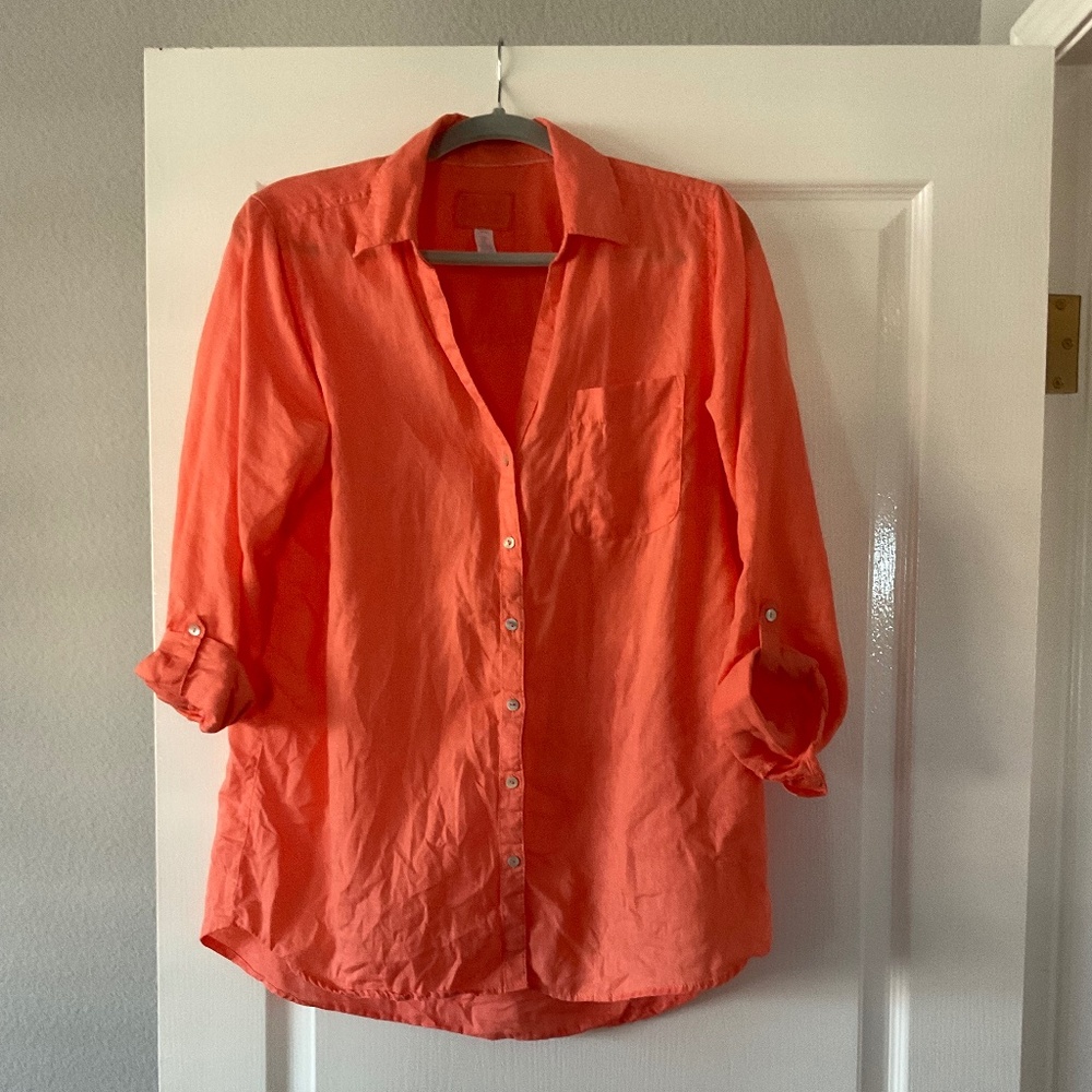 Coral soft orange linen blouse by Sigrid Olsen, medium